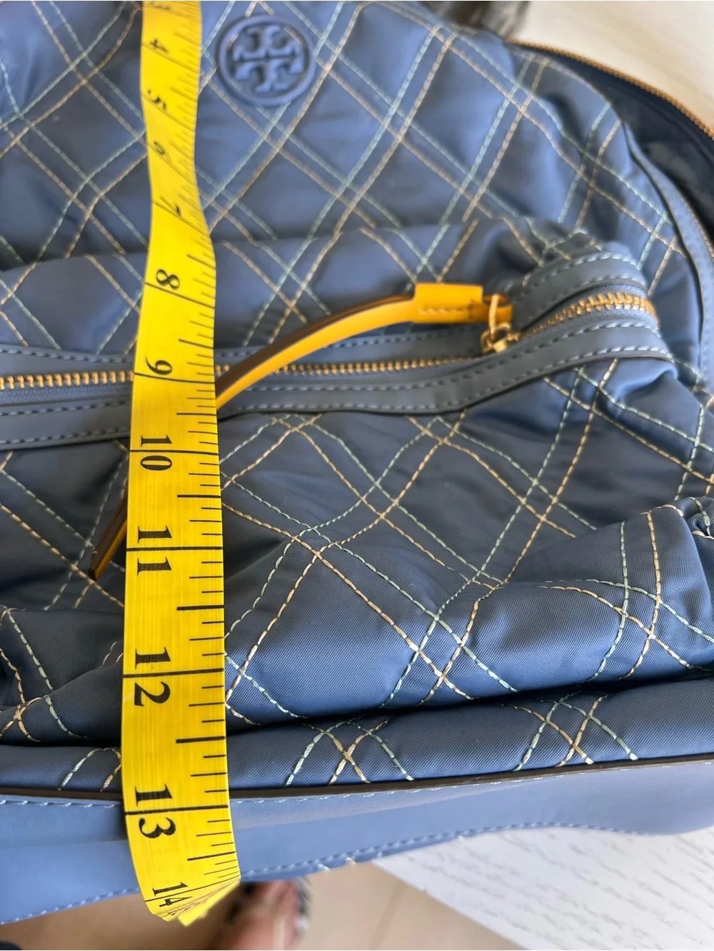 Tory Burch Quilted Blue Backpack with Tan Handles